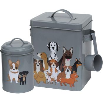 Retro 3PC Metal Dog Food Storage with Quirky Dog Pack Illustration