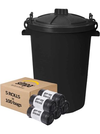 Large Plastic Dustbin with Clip On Locking Lid & 100PC Bin Liner Combo