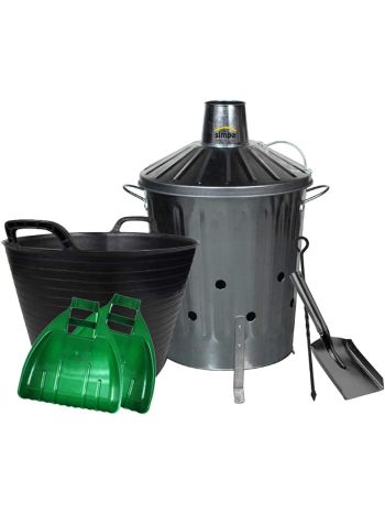 Galvanised Locking Lid Incinerator, Mini Shovel, Poker, 42L Flexi Tub and Plastic Leaf Grabber Set