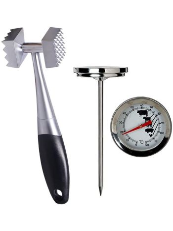 Stainless Steel Meat Tenderiser Mallet Hammer & Meat Thermometer