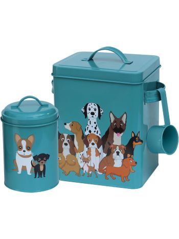Retro 3PC Metal Dog Food Storage with Quirky Dog Pack Illustration