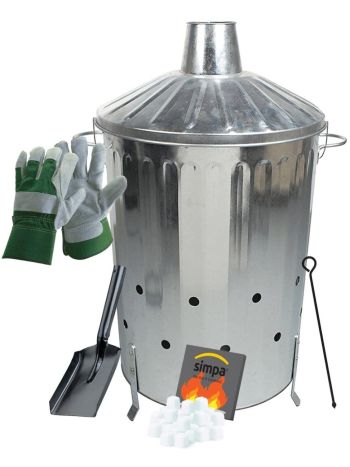 Garden Waste Burning Kit: 90L Incinerator, Firelighters, Poker, Shover & Rigger Gloves Set