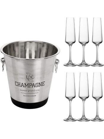 Bohemia Crystal Glass Champagne Flutes & Stainless Steel Champagne Ice Bucket Set