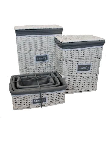 5 Piece White & Grey Woven Wicker Laundry Basket & Storage Hamper Set