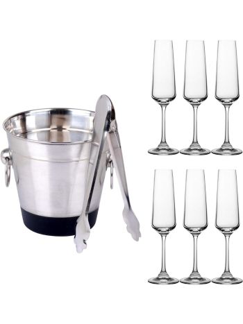 Bohemia Crystal Glass Champagne Flutes & Stainless Steel Ice Bucket Tongs Set