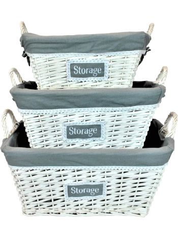White Rattan Nesting Storage Baskets with Grey Liners
