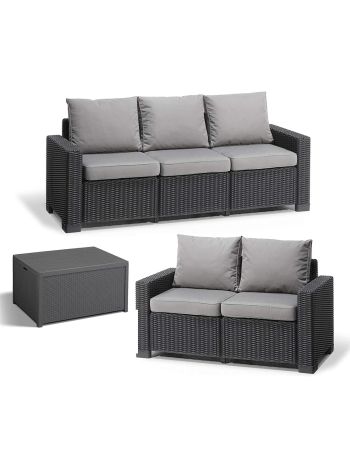 Graphite Outdoor Garden Sofa and Table Set: 3 Seater Sofa and 2 Seater Sofa with Cushons & Storage Table
