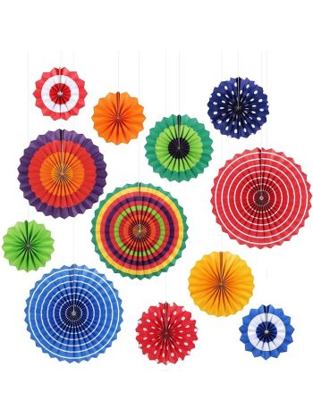 Pinwheel Fan Decorations Set of 12 Assorted Colours, Designs & Sizes