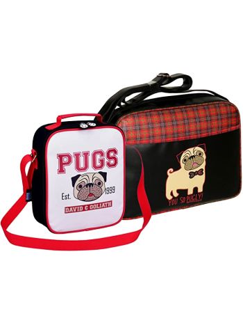  David & Goliath Pug Bag Set 'You So Pugly' Tartan Messenger Bag & Pugs Lunch Bag