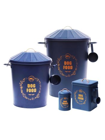 Royal Blue Metal Dog Food Storage Sets with Gold Lettering Finish